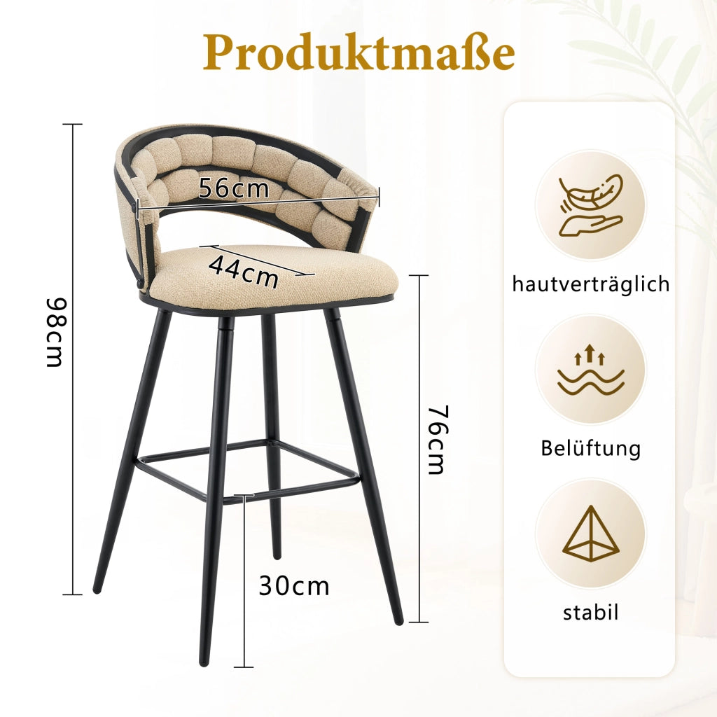 Sgabello da bar in velluto con schienale intrecciato e poggiapiedi, struttura in metallo beige nero 71 × 61 × 37 cm