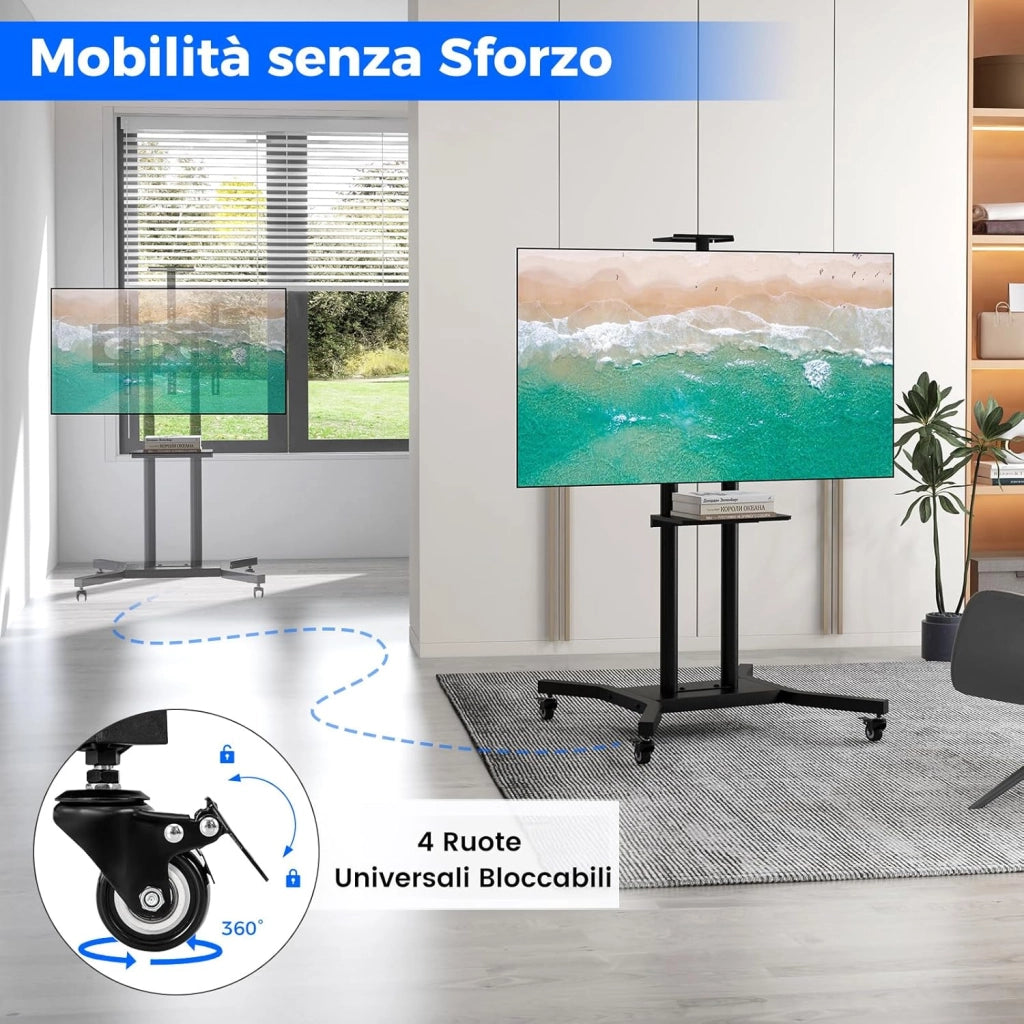 Supporto TV da Pavimento con Ruote per Schermi Plasma/LCD/LED 32-70 Pollici, Altezza Regolabile, Carrello Staffa Porta Mobile Supporto TV Fino a 50 kg, Max VESA 600 x 400mm