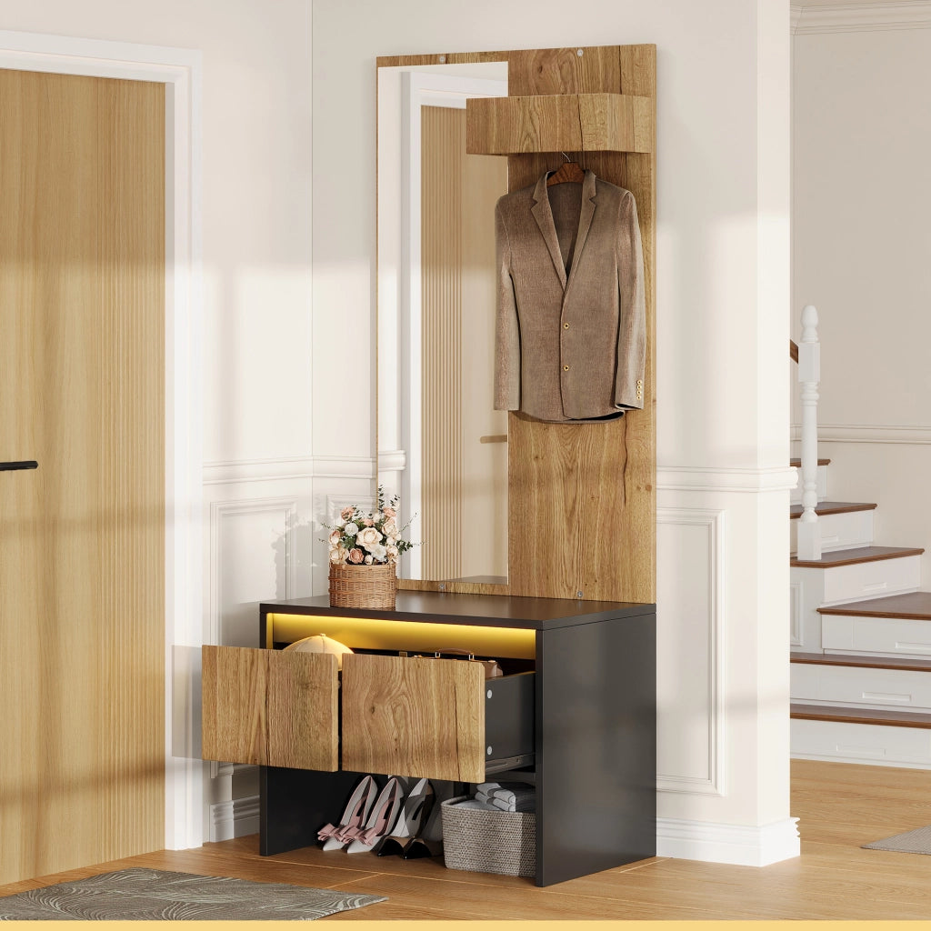 Set ingresso salvaspazio con appendiabiti, specchio, panca porta scarpe e 2 cassetti, colore naturale e nero, 60¡Á38¡Á145 cm