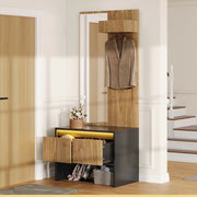 Set ingresso salvaspazio con appendiabiti, specchio, panca porta scarpe e 2 cassetti, colore naturale e nero, 60¡Á38¡Á145 cm