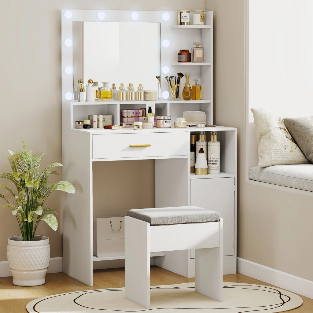 Toeletta con specchio e 10 luci LED ¨C Xylo ¨C Cassetto, anta, ripiani, 80x40x135cm, bianco