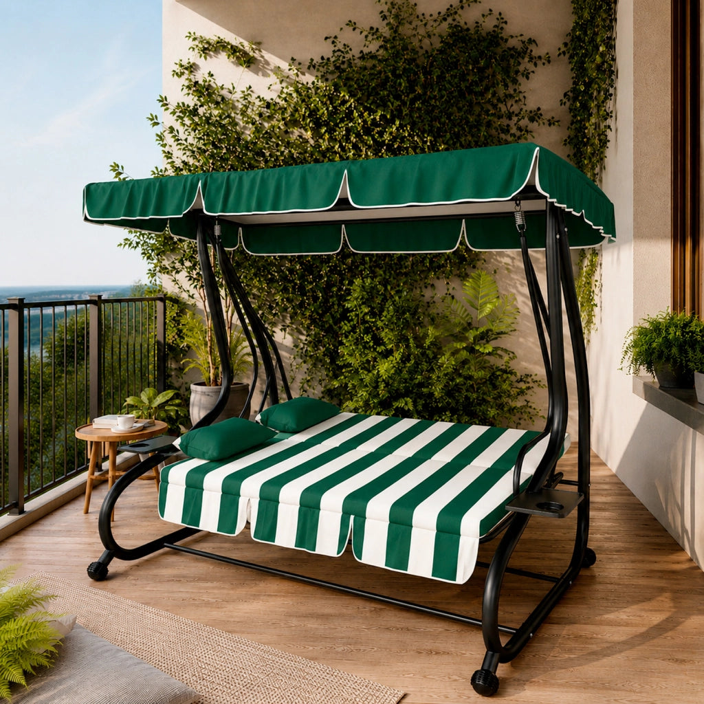 Dondolo Da Giardino 3 Posti Schienale Regolabile Tetto Ombreggiante Cuscinatura Comfort Imbottita Convertibile In Letto Per Esterno Balcone Patio 200 x 120 x 160 Cm Verde E Bianco