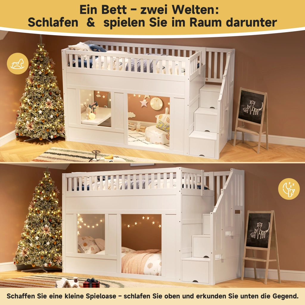 Letto a castello per bambini con scala armadio e area gioco, 90x200 cm, bianco