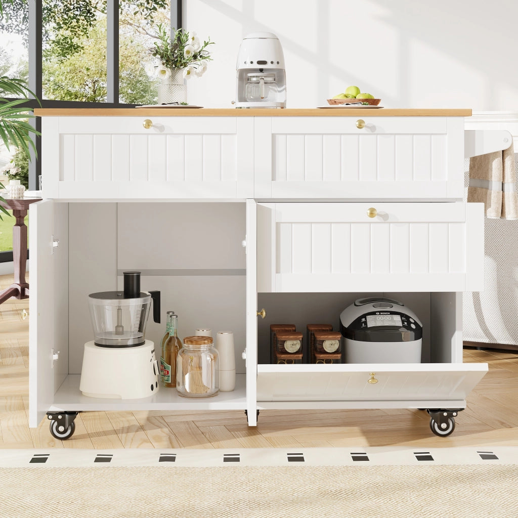Carrello da Cucina con Contenitore e Piano Ribaltabile con Ruote e Piedini Regolabili in MDF Bianco