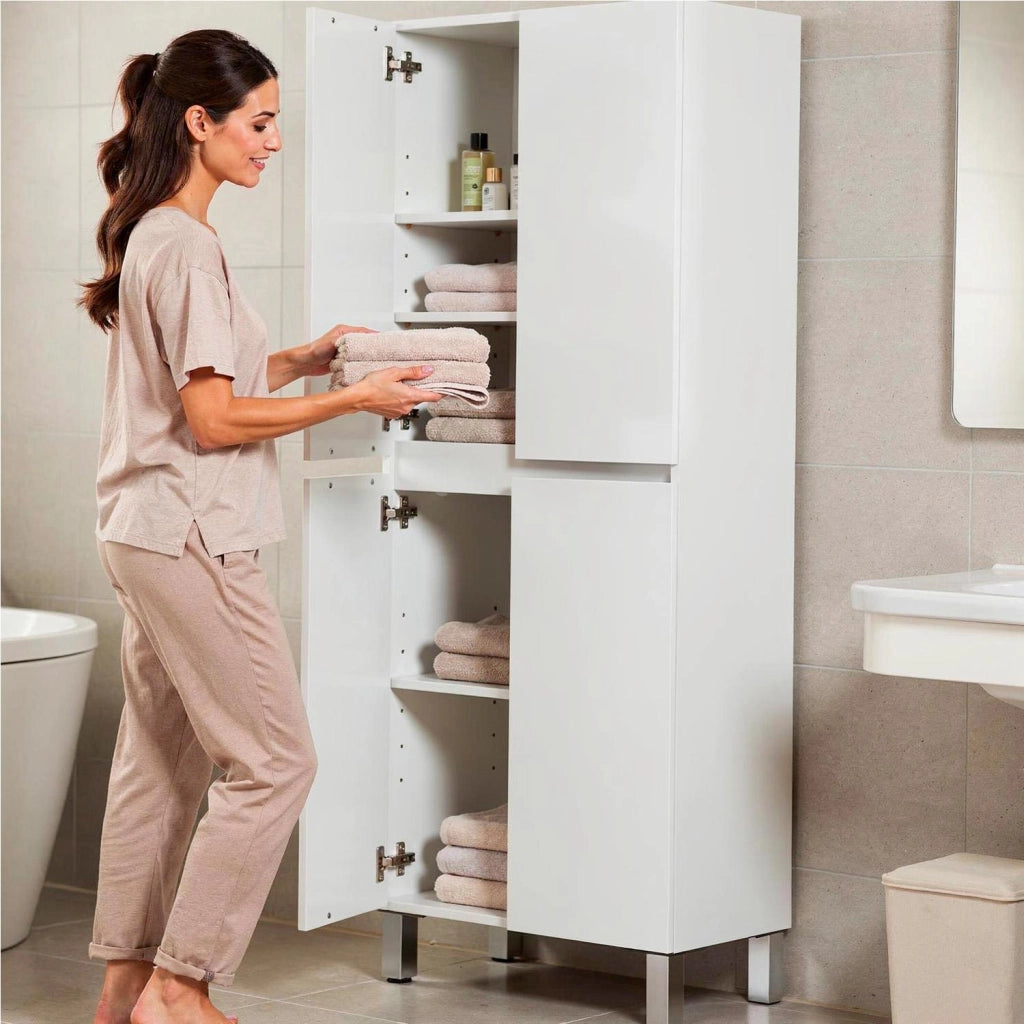 Mobile Alto Colonna Bagno 4 Ante Con Ripiani Regolabili Salvaspazio Design Moderno Elegante Ideale Per Bagno Lavanderia Ripostiglio 182 x 60 x 35 Cm Colore Bianco
