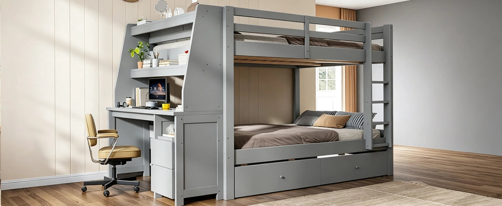Letto a castello con armadio laterale e scrivania, 140x200 cm, grigio