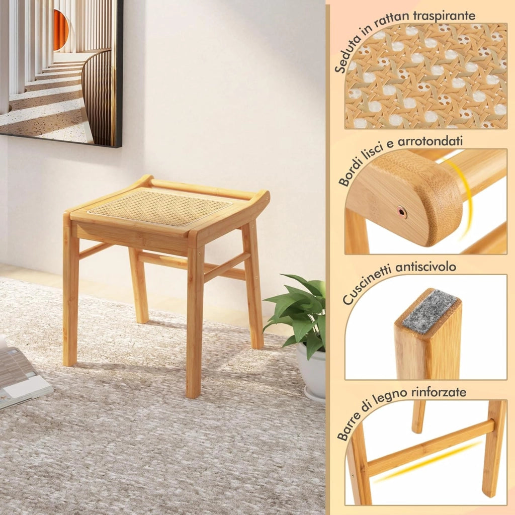 Sgabello per Tavolo da Trucco in Bambù, Sgabello con Seduta in Rattan e Piedini Antiscivolo, per Soggiorno, Camera da Letto, 38 x 40 x 43 cm