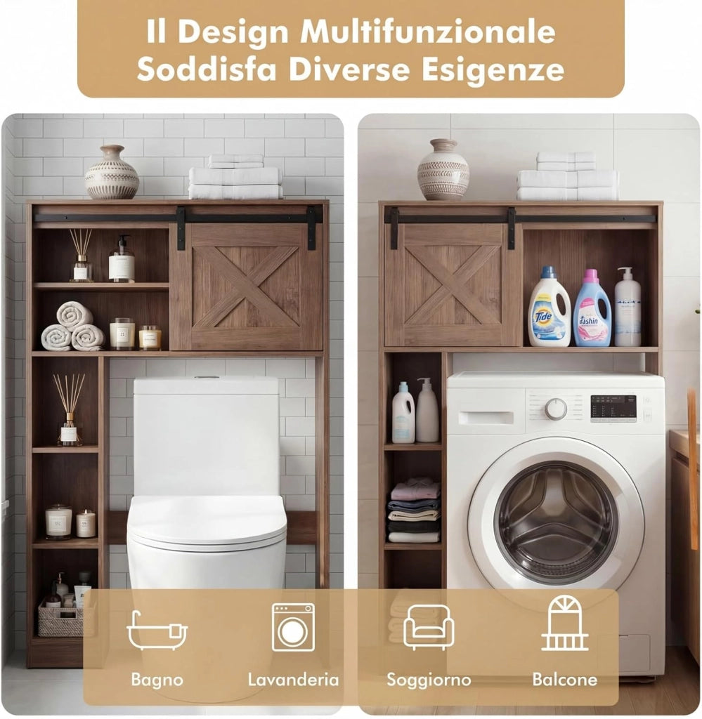 Mobile Salva Spazio Sopra WC, Organizzatore del Bagno in Legno con Porta e 3 Ripiani di Stoccaggio, per Bagno Lavanderia, 84x17x128 cm (Marrone Scuro)
