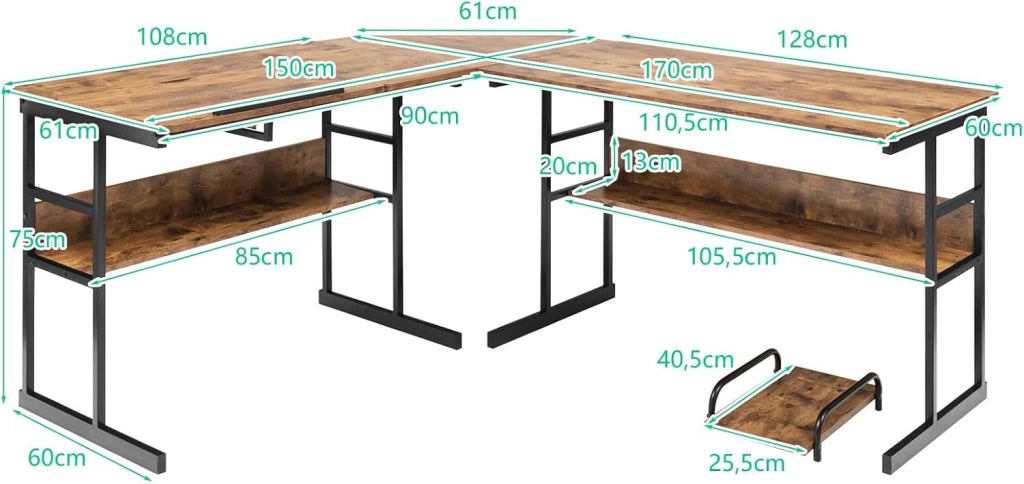 Scrivania ad angolo a forma di L 170 cm, scrivania per computer con 2 ripiani, vassoio inclinabile, supporto per unità centrale, tavolo da computer, poco ingombrante, stile industriale