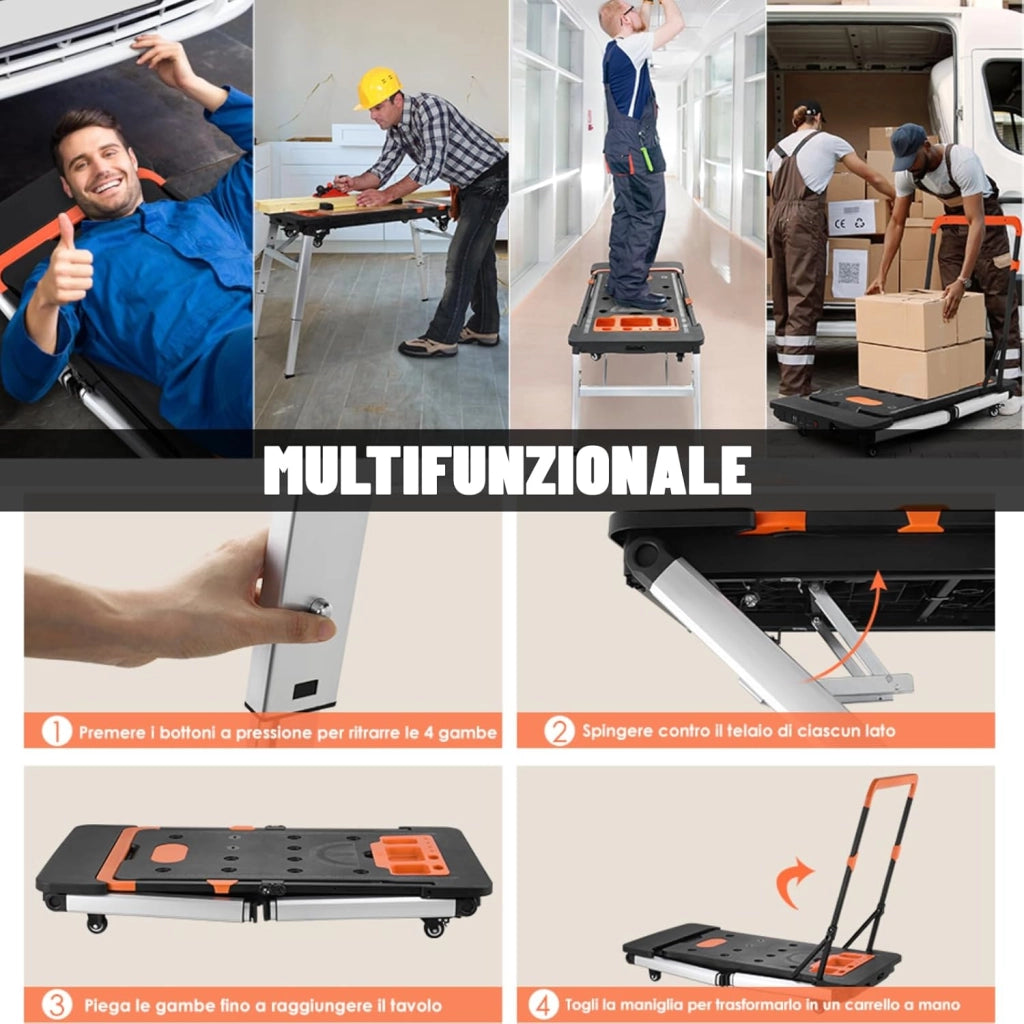 7 in 1 Banco da Lavoro Pieghevole,Tavolo da Lavoro Pieghevole Regolabile in Altezza con Spina Integrata,Carrello a Mano da Trasporto con 4 pcs Ruote,Piattaforma di Lavoro per Lavoro fai da te