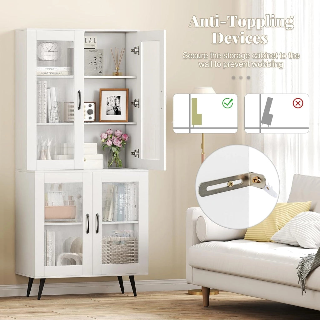 Credenza Alta da Cucina con 4 Ante Trasparente, Armadio a Buffet a 5 Livelli con Ripiani Regolabili, Mobile Dispensa, per Sala da Pranzo, Soggiorno, Bagno, 80 x 40 x 178,5 cm (Bianco)