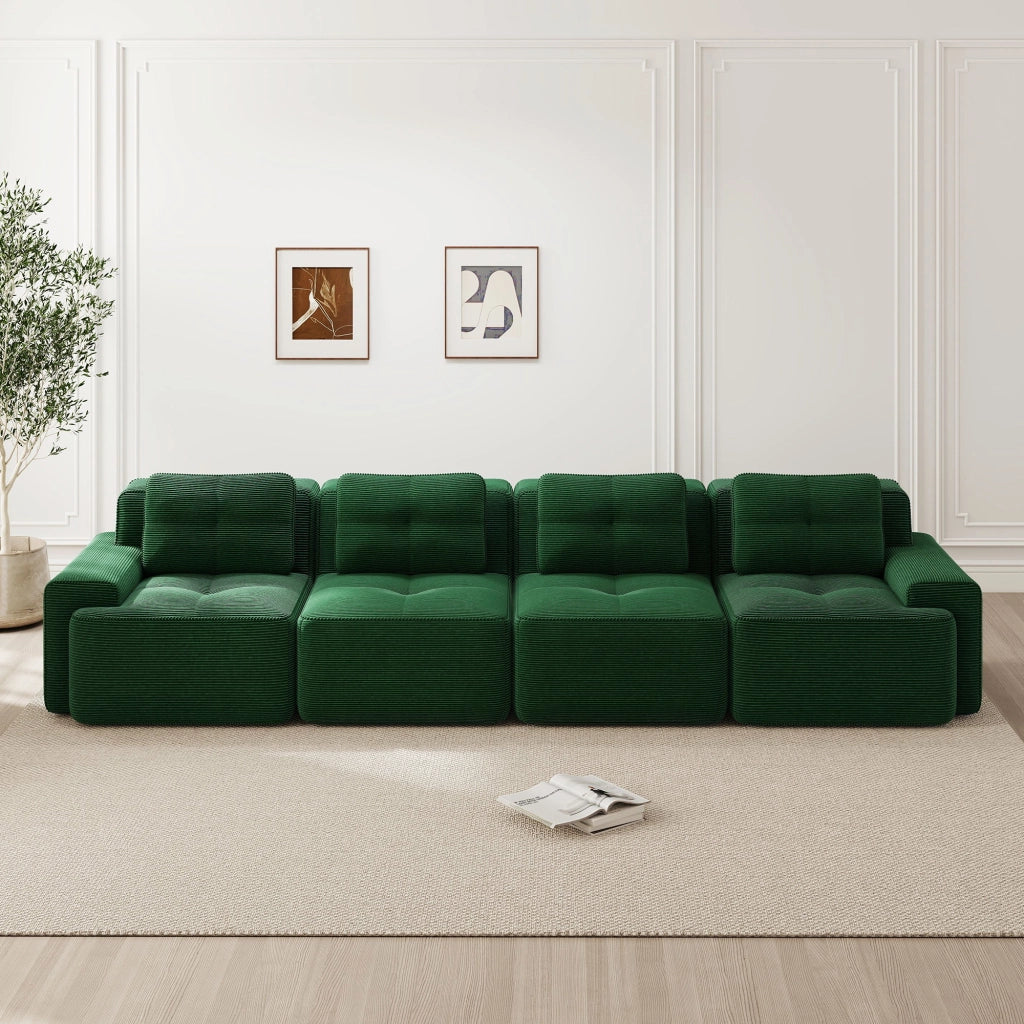 Divano modulare con seduta profonda e base antiscivolo; tessuto corduroy verde