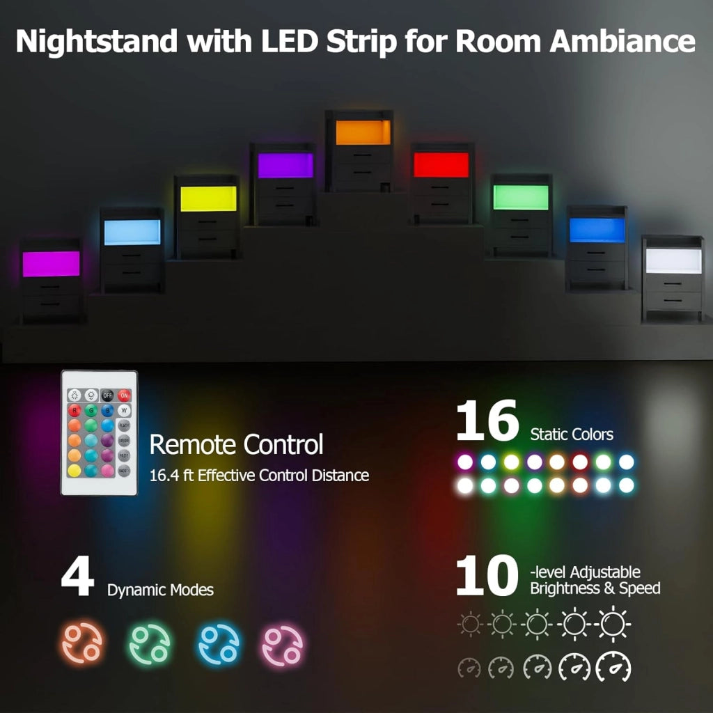 Comodino con luce e stazione di ricarica, 16 colori di luce e 4 modalità, telecomando, elegante comodino con cassetti e vano aperto per soggiorno, camera da letto (bianco)