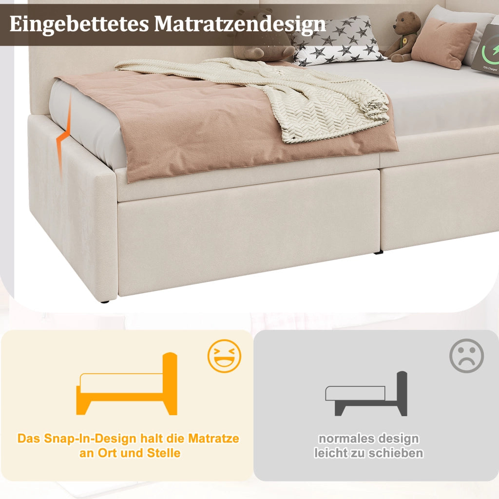 Letto giorno con cassettoni in velluto beige 90x200 cm