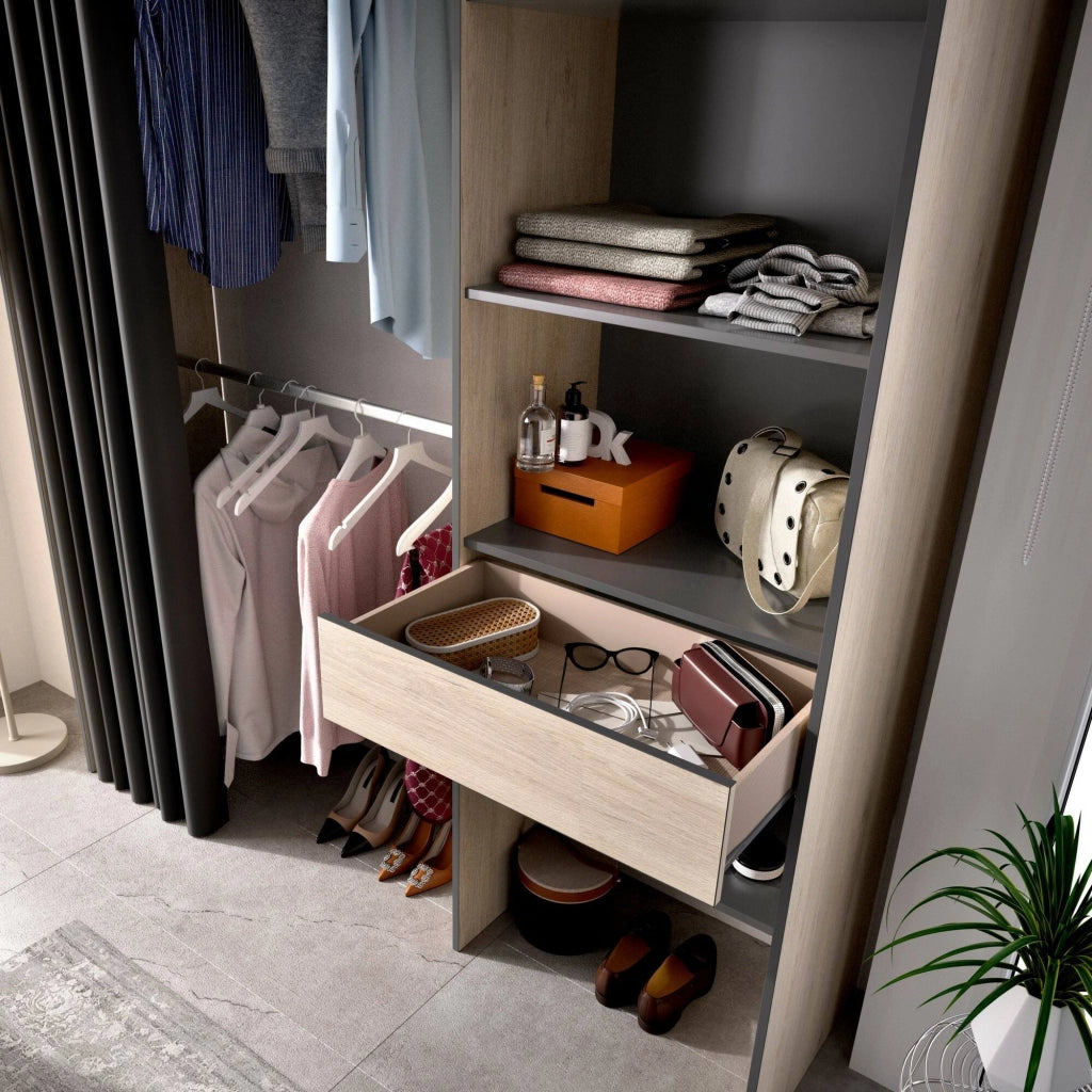 Guardaroba Arim, Struttura per cabina armadio con tenda, Mobile appendiabiti aperto, 160x50h205 cm, Rovere e Antracite