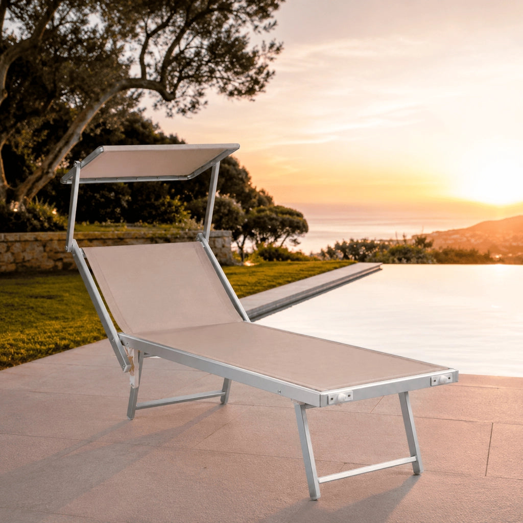 Lettino Prendisole Pieghevole Professionale In Alluminio E Tessuto Textilene Tettuccio Orientabile Tettino Parasole Sdraio Prendi Sole Mare Spiaggia Piscina Giardino 182 x 60 x 38 cm Beige