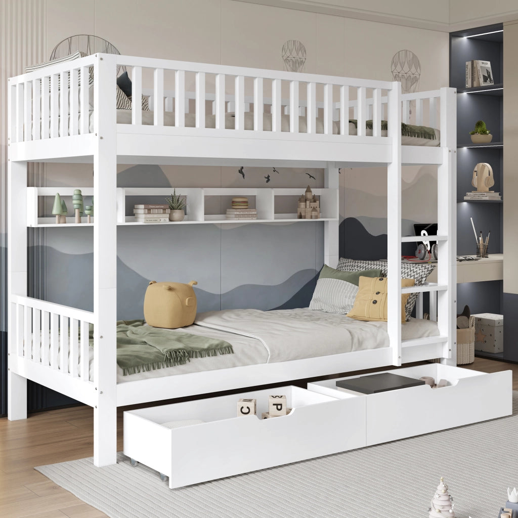 Letto a soppalco per bambini - Zephmum- 3 piani, scala, griglia di sicurezza, ripiani, cassetti, bianco, 90x200cm
