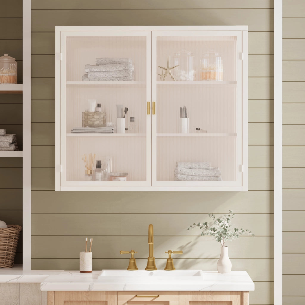 Armadio a muro moderno 70 cm, 2 ante in vetro trasparente bianco, con ripiani a 3 livelli per ingresso, soggiorno, bagno e sala da pranzo