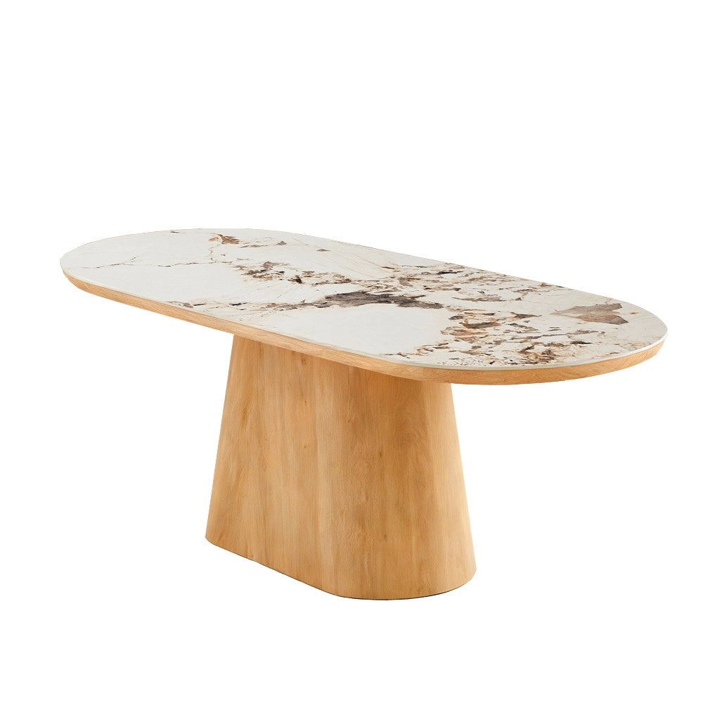 Tavolo Ovale Nordico 200x100 con Piano Effetto Marmo Bianco Arabesque e Base Rovere Naturale – Design Elegante