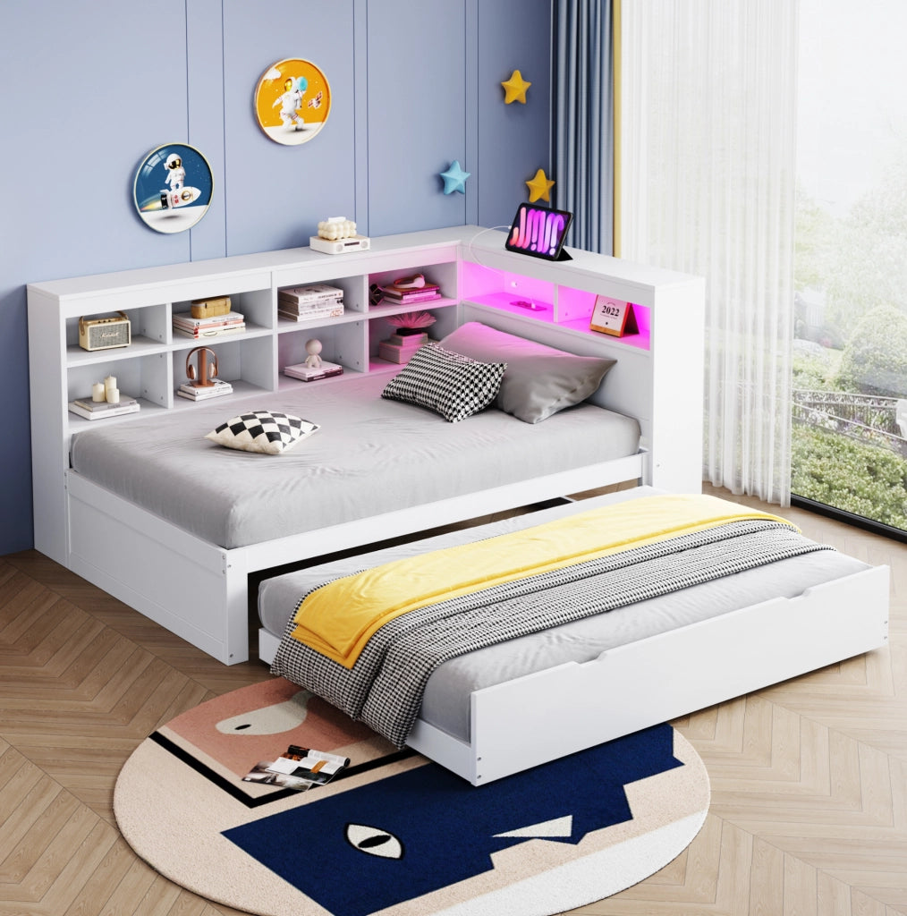Divano letto singolo in legno con letto estraibile, LED e USB