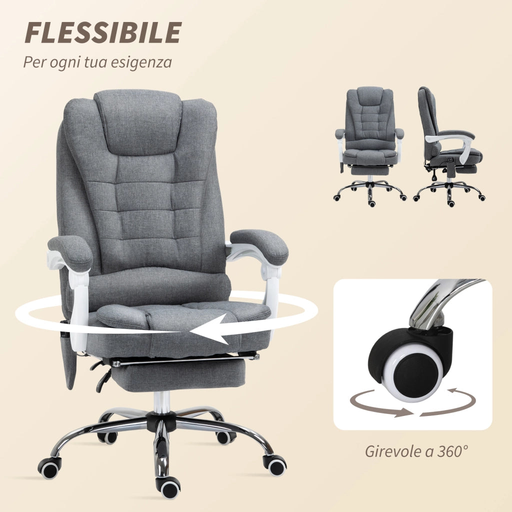 Poltrona da Ufficio con Telecomando e 6 Punti di Massaggio. in Tessuto misto velluto e lino. 67x79x111-121 cm. Grigio