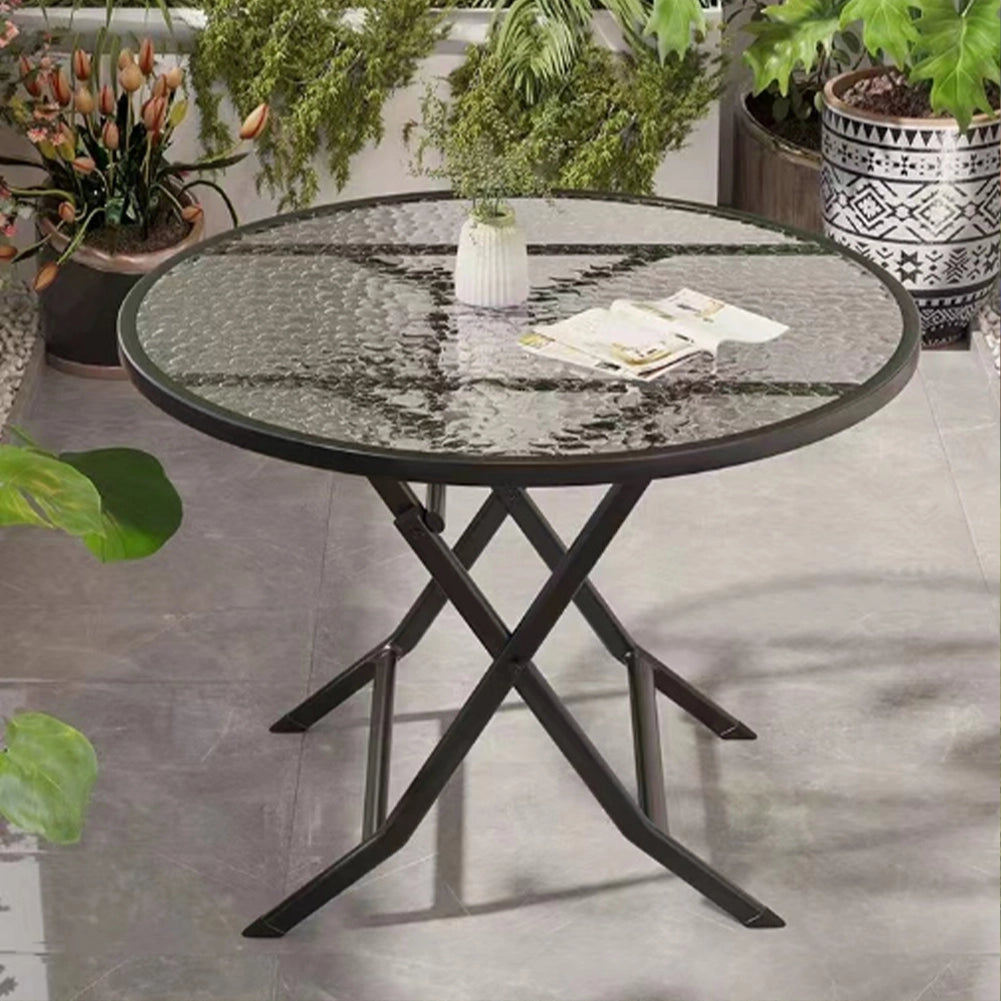 Tavolino Pieghevole Rotondo con Struttura Nera Tavolo Piano in Vetro 60x60x71cm