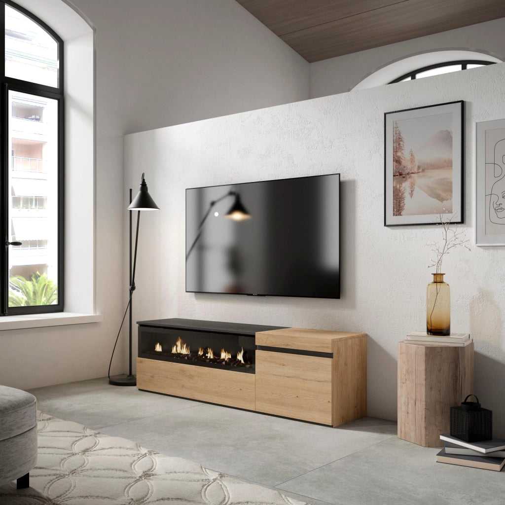 Mobile TV Soggiorno, 150x35x45cm, Per TV fino a 65", Camino elettrico, colore Rovere e nero RF2430