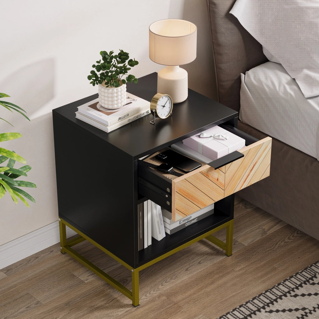 Comodino con 1 cassetto e 1 vano aperto per camera da letto soggiorno e salotto in MDF nero naturale 43 × 40 × 55 cm