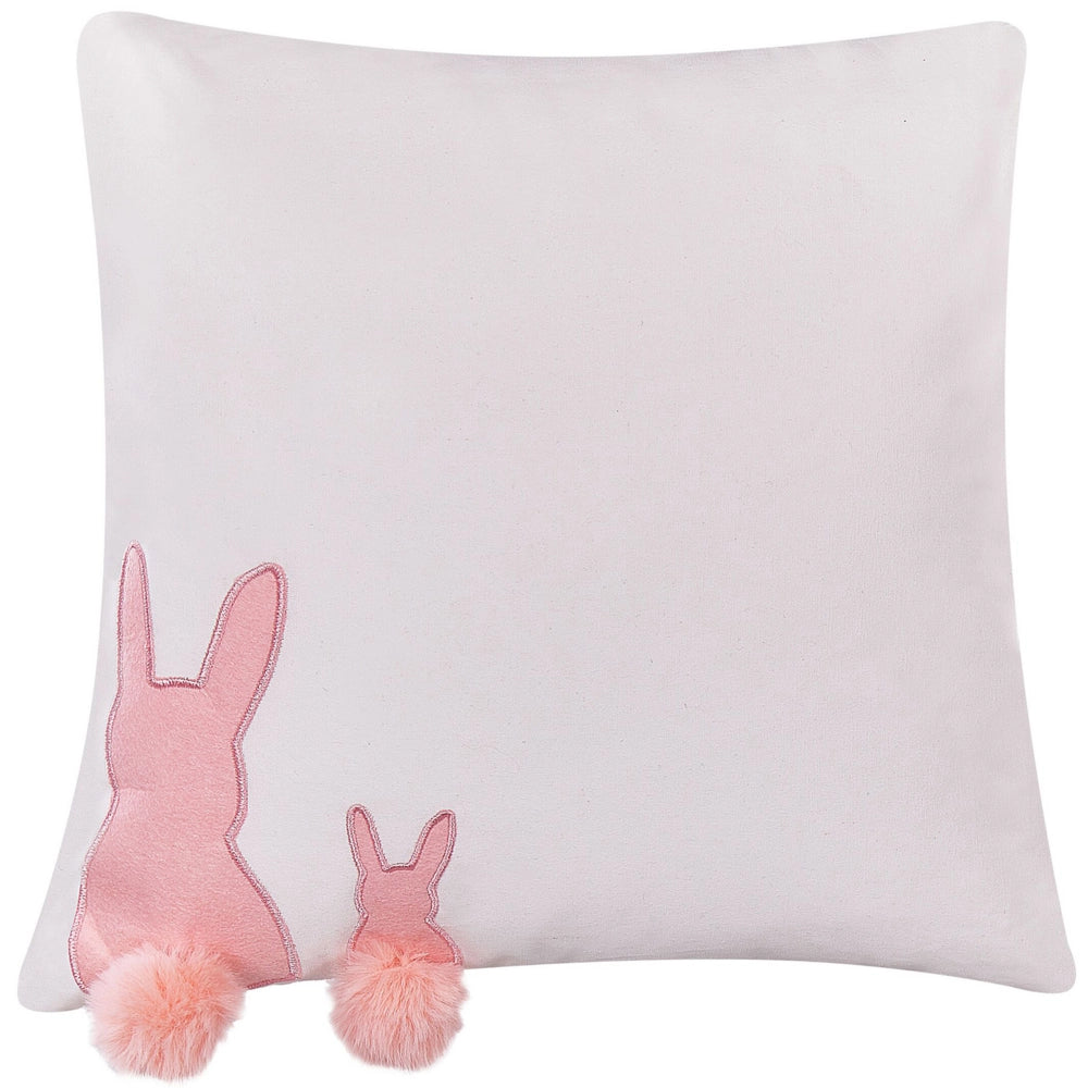 Set di 2 cuscini decorativi bianco con cotone Rosa 45 x 45 cm Coniglio Ricamo nappe Code Cuscini decorativi Soggiorno Coniglio Pasquale