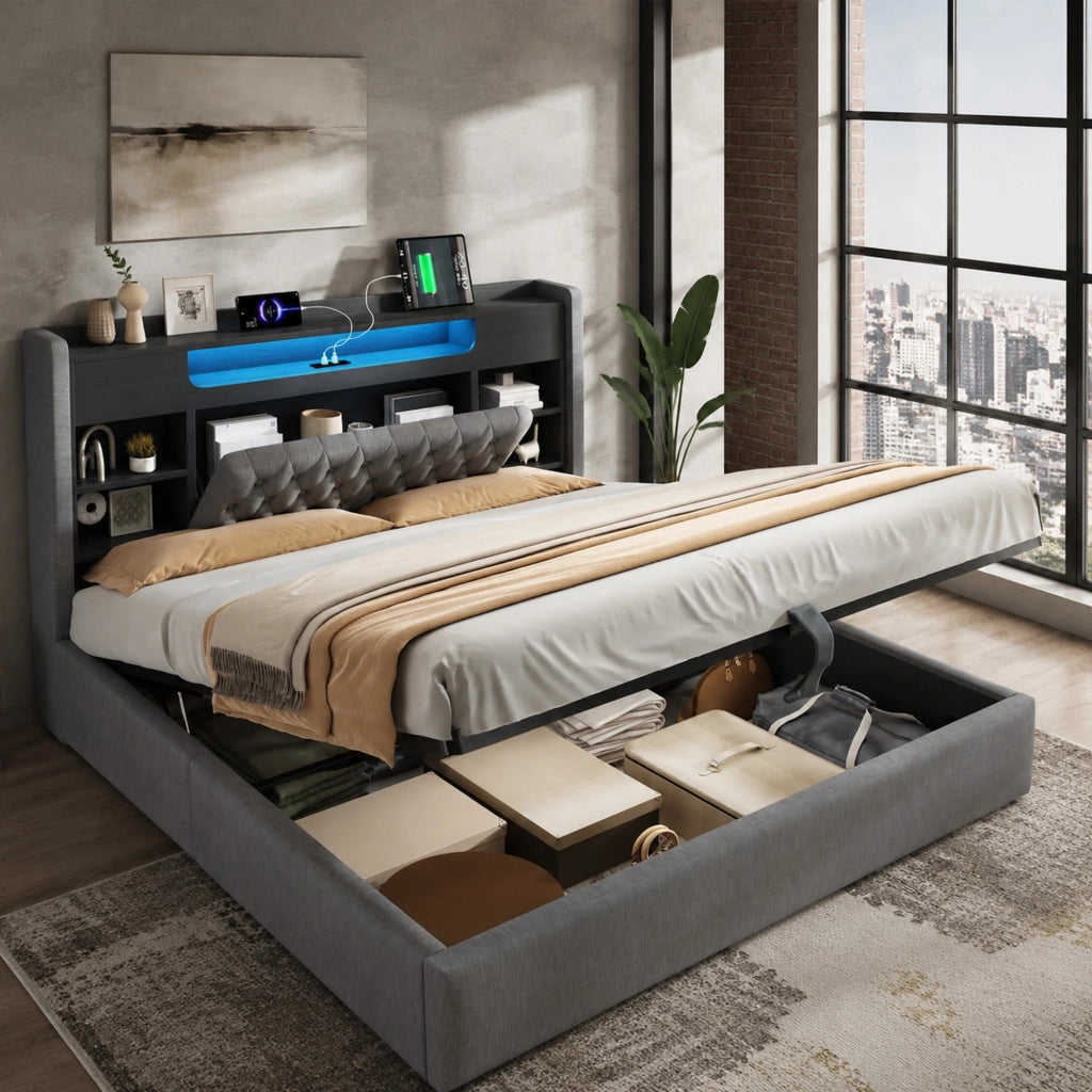 Letto imbottito 180x200 cm con contenitore idraulico, LED e prese di ricarica