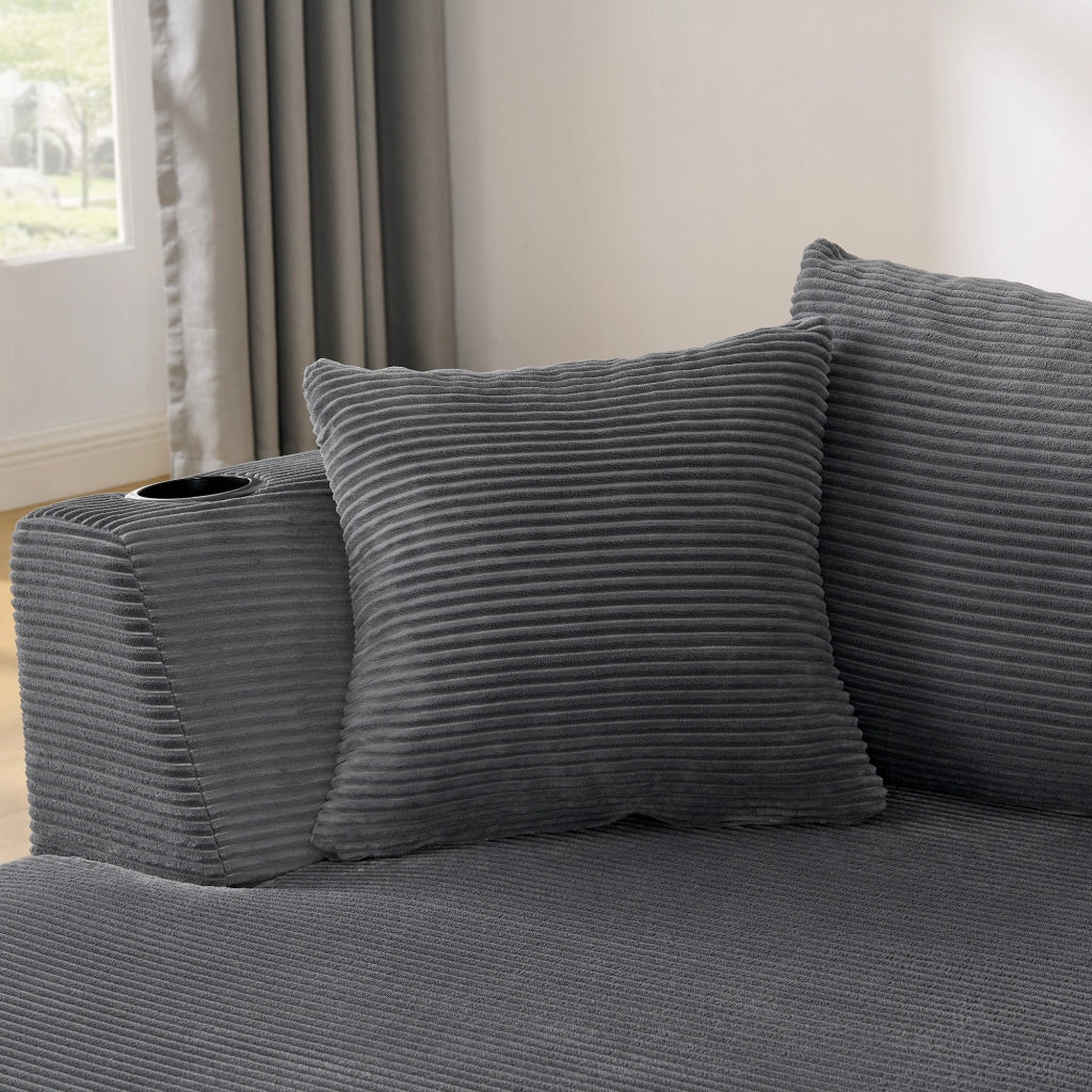 Divano diritto 3 posti con design curvo, portabicchieri e cuscini in tessuto a coste, per salotto e ufficio grigio