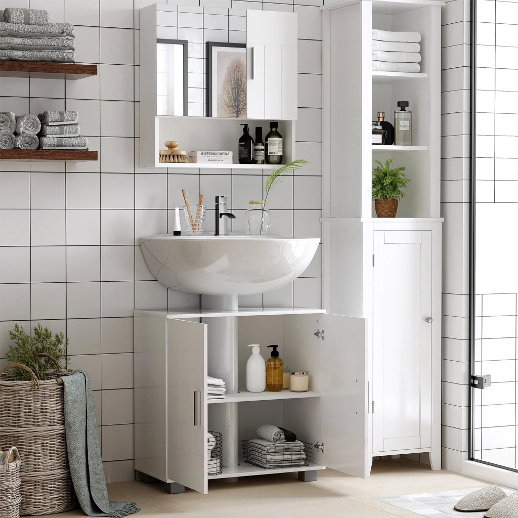 Mobiletto Specchiera da Bagno 2 Ante 1 Ripiano 54x15,2x55,3 cm in Legno Bianco