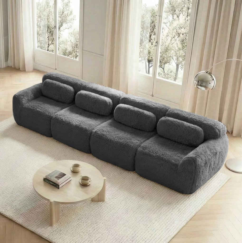 Divano angolare modulare in tessuto peluche con base antiscivolo; grigio