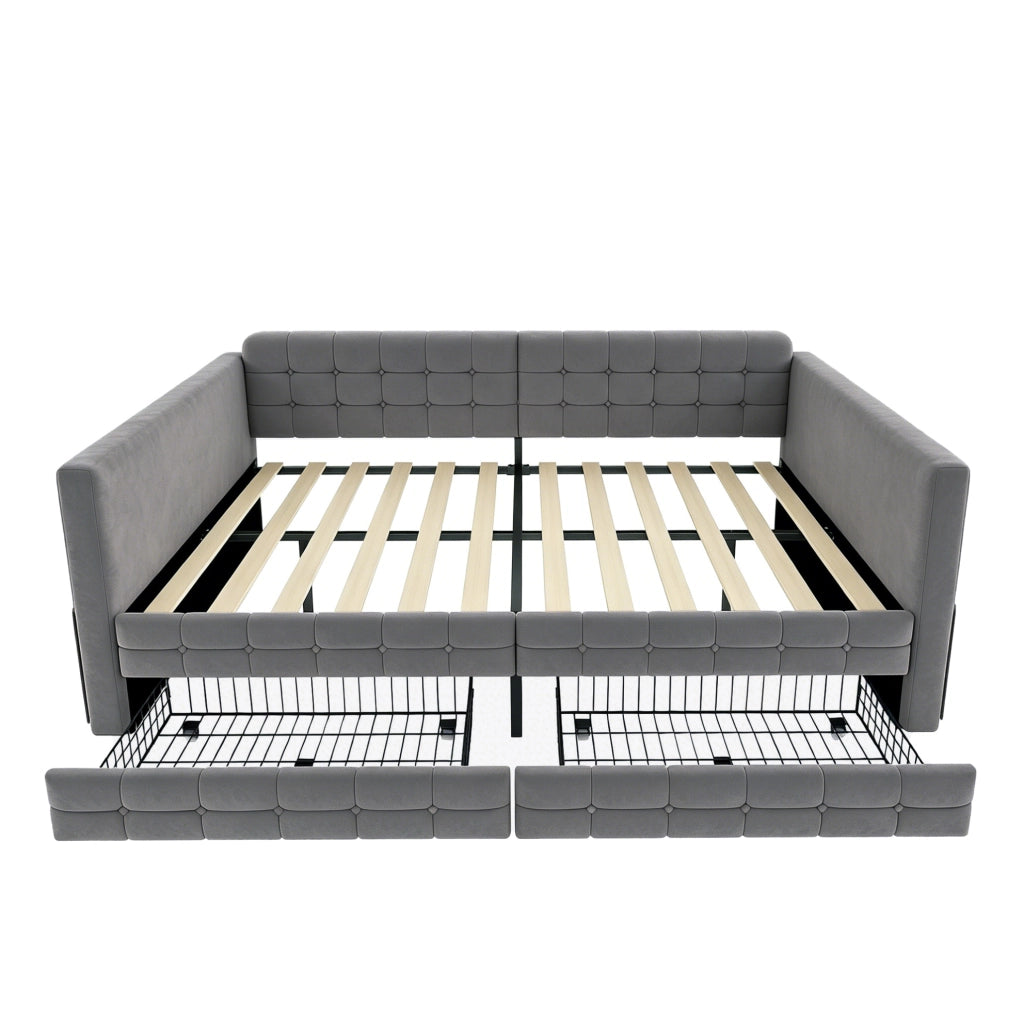 Letto imbottito 140x190 cm con cassetti e tasche laterali in velluto grigio