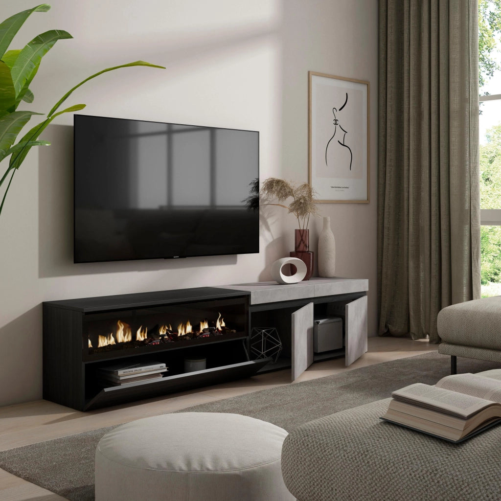 Mobile TV, 200x35x45cm, soggiorno, Per TV fino a 80", Camino elettrico, grigio cemento RF2235