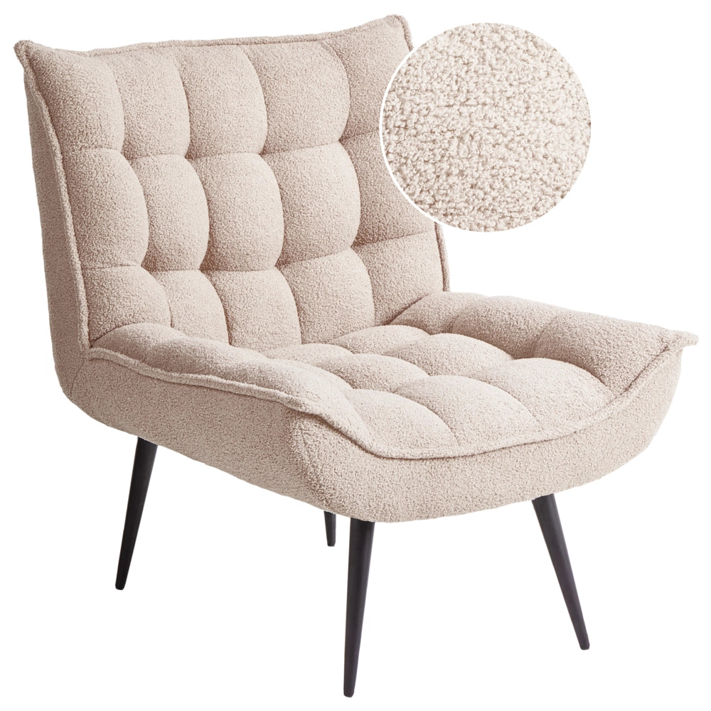 Poltrona beige in bouclé senza braccioli, sedia accentuante da relax, senza braccioli, gambe in ferro nero, per soggiorno o camera da letto, moderna.