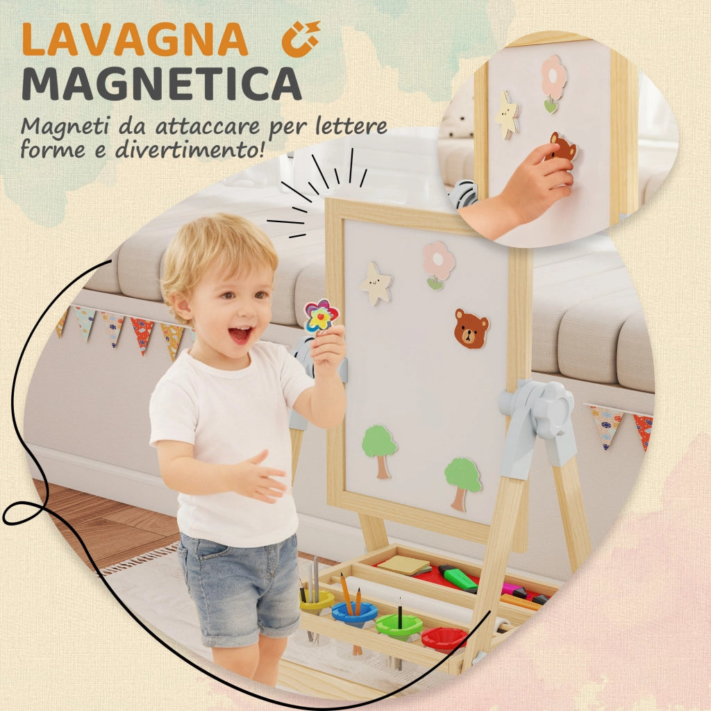 Cavalletto per Bambini Doppia Lavagna per Gesso e Pennarelli. Lavagnetta Magnetica e Rotolo di Carta. Legno