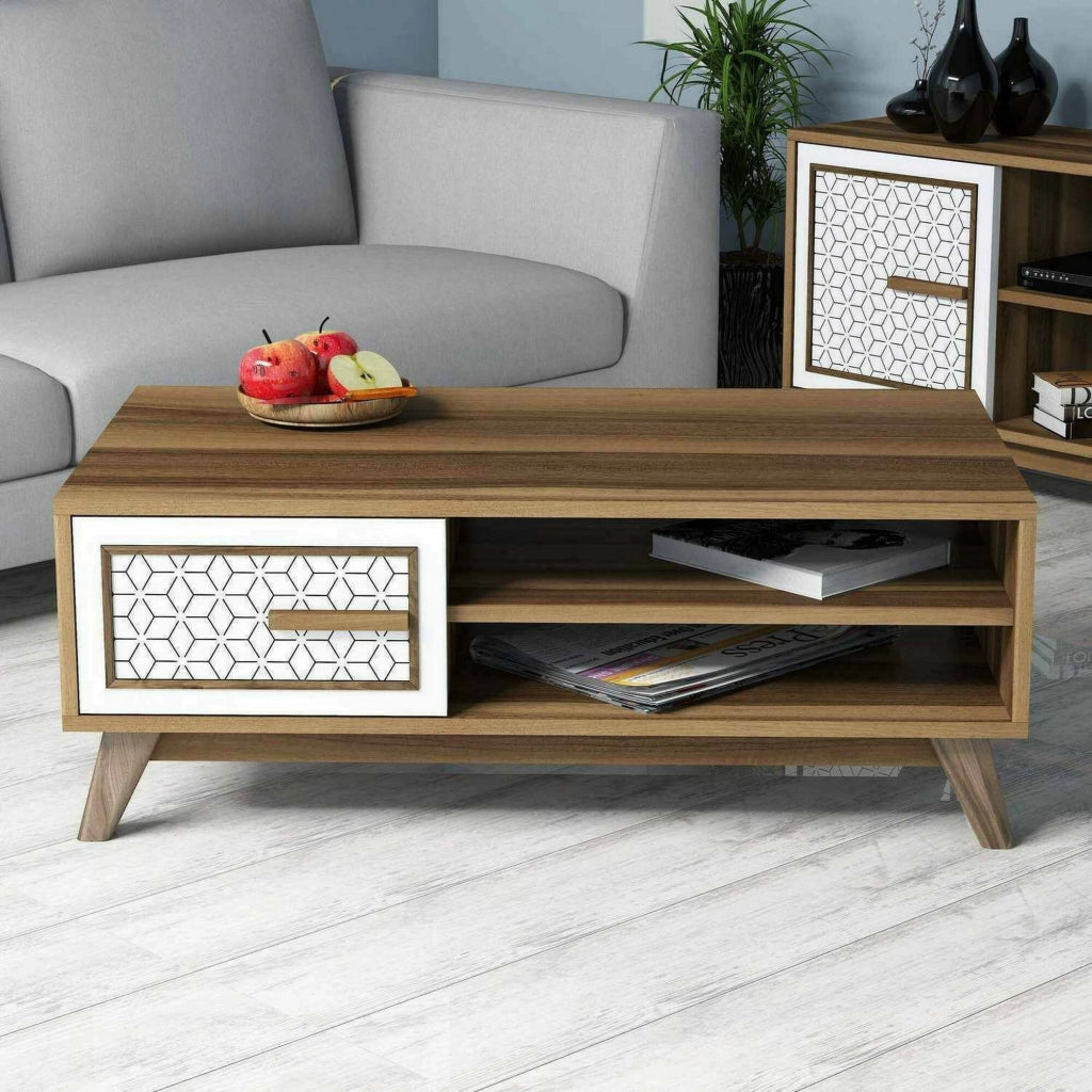 Tavolino da salotto Thimphu, Tavolo basso da caffè, Portariviste per divano, Ripiano da soggiorno, 105x60h38 cm, Noce e Bianco