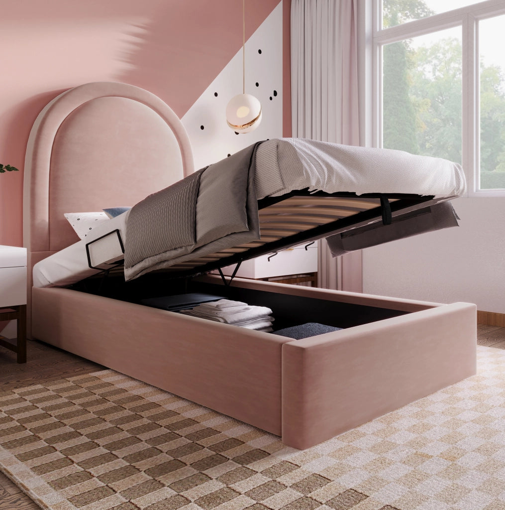 Letto imbottito singolo 90x190 cm con contenitore; velluto rosa