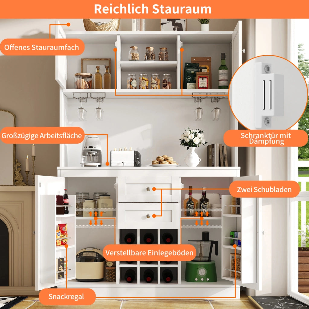 Credenza alta da cucina bianca 120x40x188 cm con portabottiglie