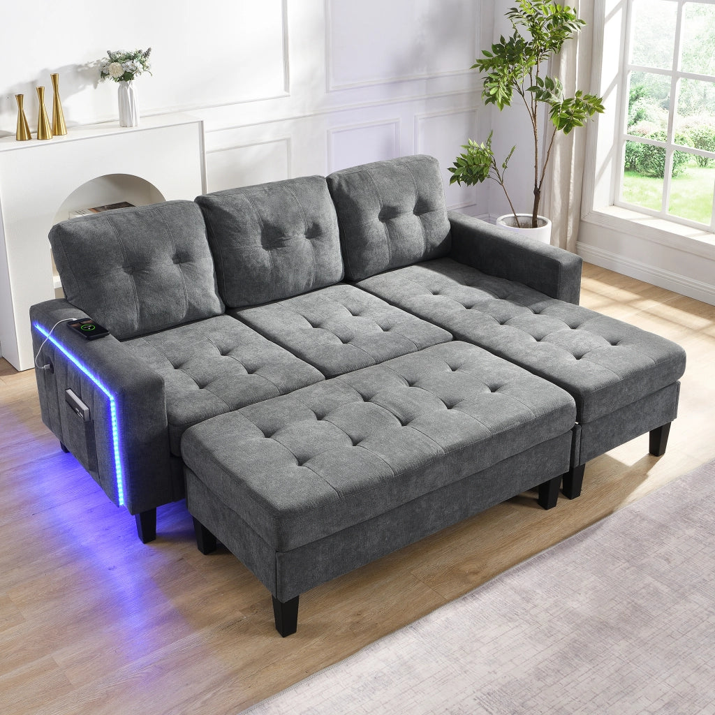 DIVANO LETTO ANGOLARE L-Form 156x115 cm Chenille Grigio con LED e USB