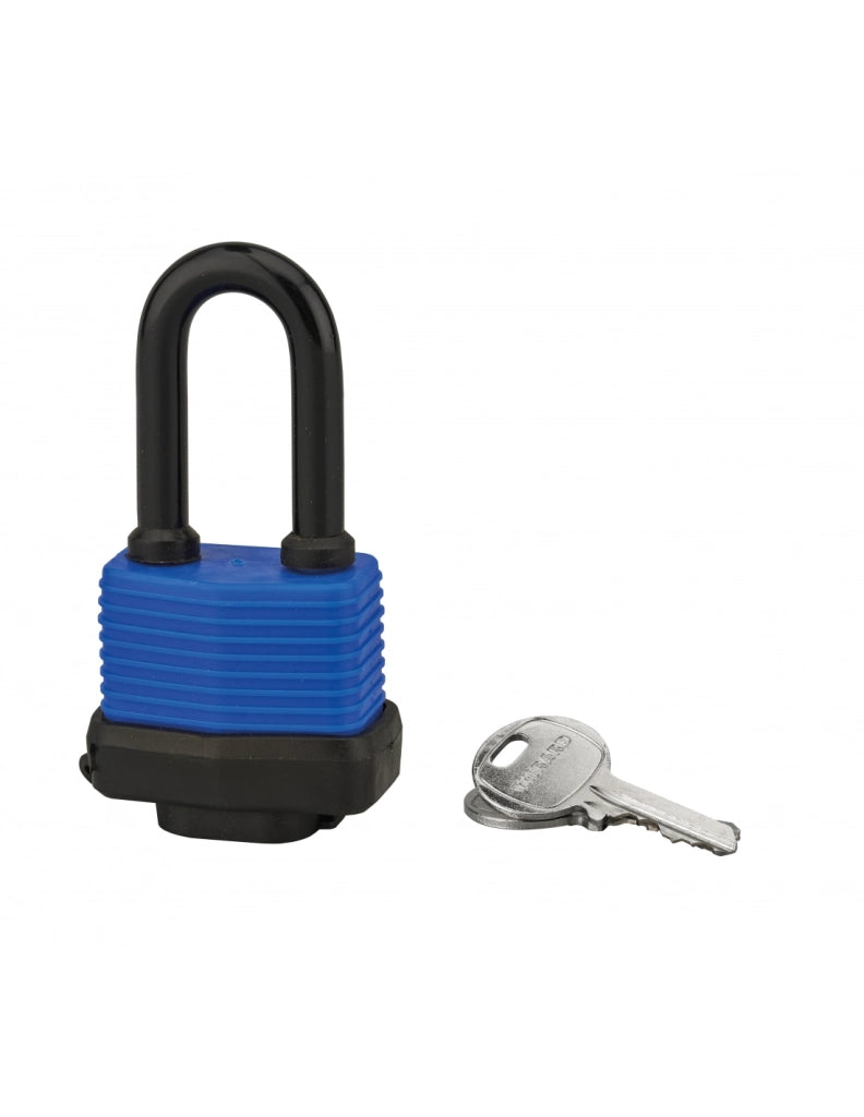 Lucchetto a lamelle, acciaio, da esterno, 40 mm rivestito in PVC, 1/2 arco in acciaio, esterno, 2 chiavi – THIRARD