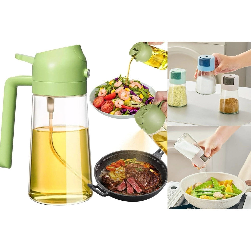 Trade Shop - Set Dispenser Dosatore 2 In 1 Oliera Spruzzatore Olio Con 3 Contenitori Condimenti Cucina -