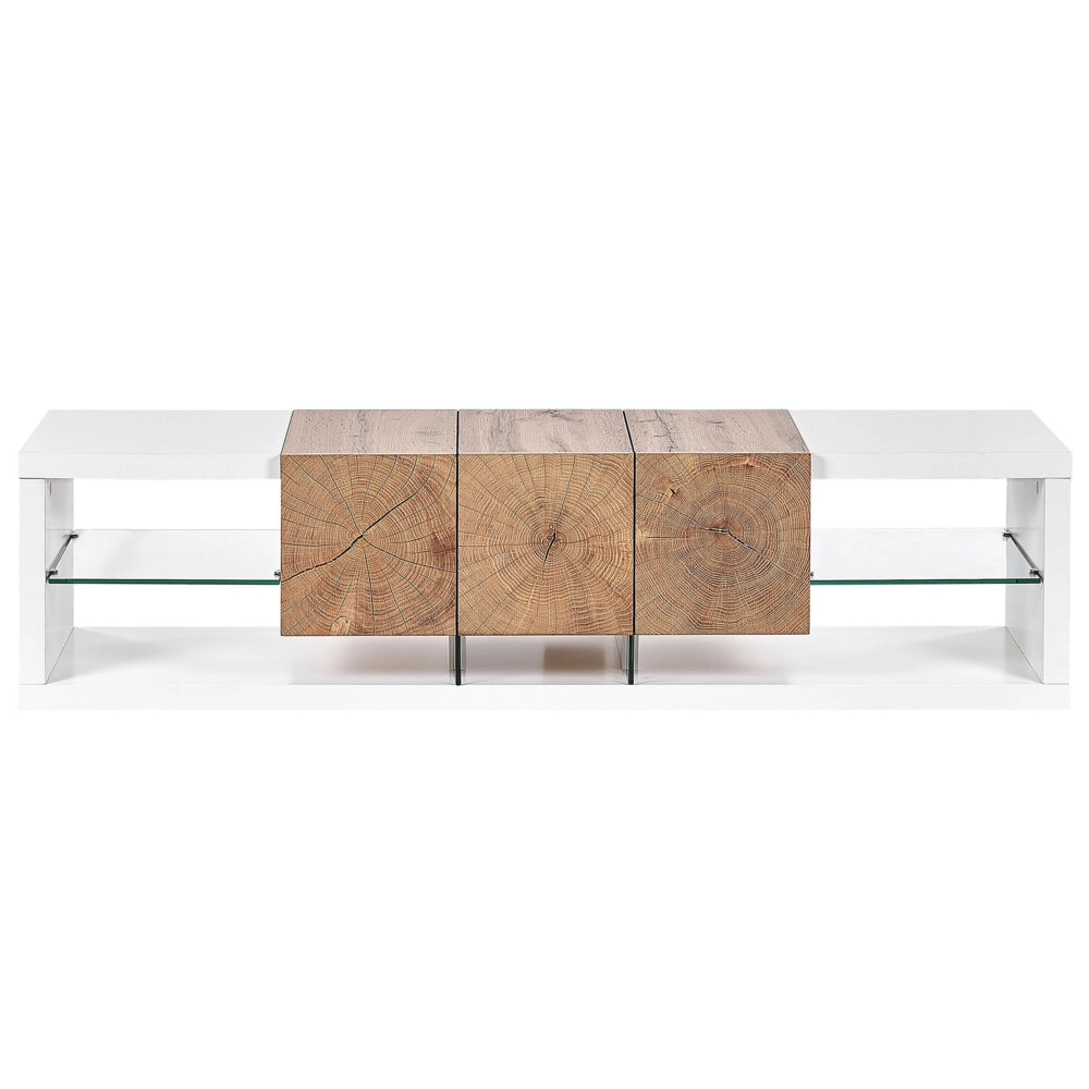 Mobile TV Bianco Legno Chiaro MDF Vetro Temperato 160 Cm Fino A 70ʺ Ripiani Cassetti Design Moderno