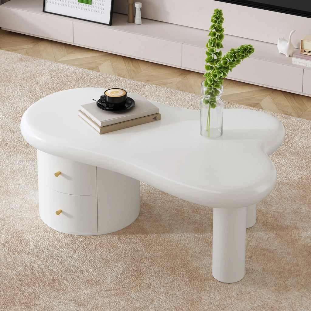 Tavolino da Caffè Forma Organica con 2 Cassetti; Struttura in MDF; Design Minimalista; Bianco; 97×64×42 cm