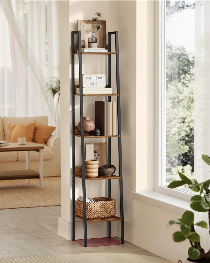 VASAGLE Scaffale a scala a 5 livelli, mobile portaoggetti su piedistalla, scrivania, soggiorno, camera da letto, cucina, stile industriale, marrone rustico e nero LLS109B01