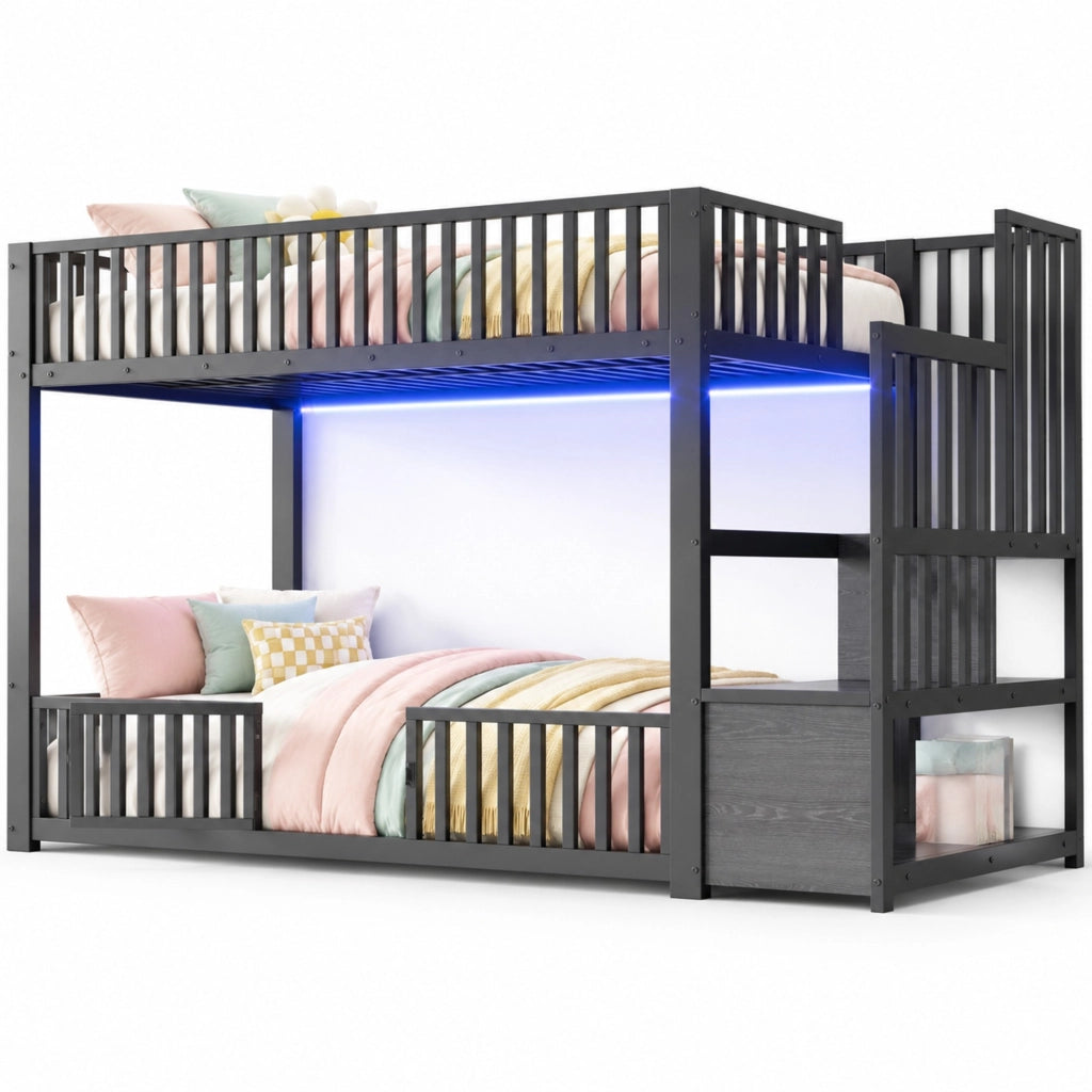 Letto a castello 90x200 cm con scala contenitore e illuminazione LED, nero