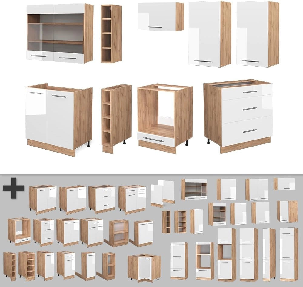 Cucina componibile Fame-Line, Bianco lucido/oro power oak, 235 cm senza piano di lavoro, per l'espansione personalizzata con moduli compatibili