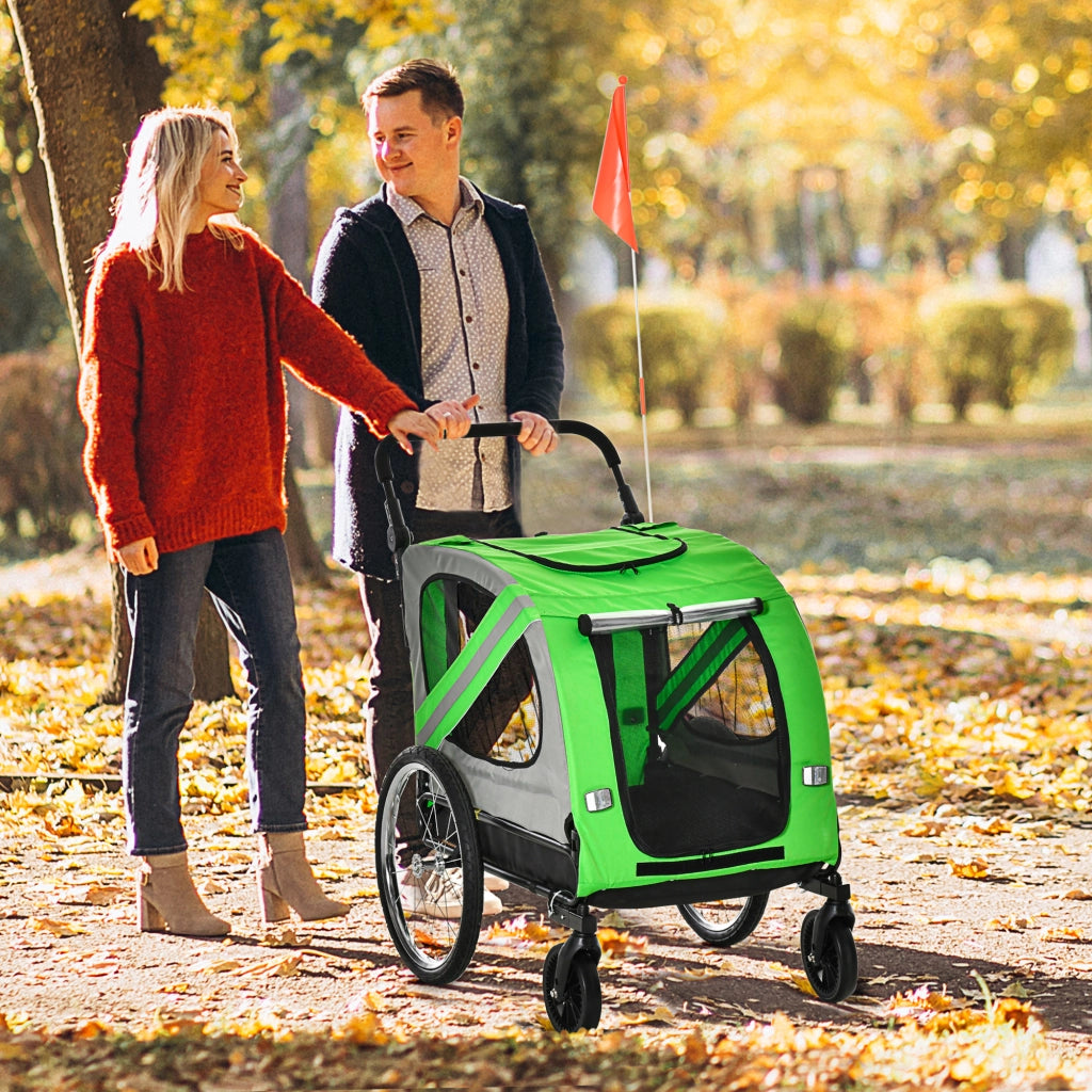 Rimorchio Bici e Passeggino per Cani 2 in 1, Carrello Bici in Acciaio e Tessuto Oxford con Catarifrangenti e Bandierina, Verde