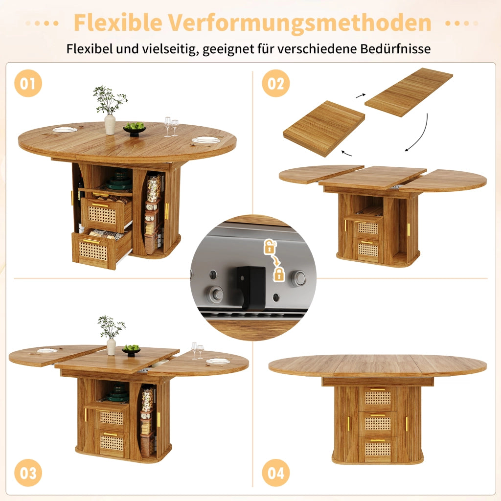 Tavolo da pranzo allungabile con cassetti in effetto rattan e spazio contenitore, per cucina e sala da pranzo, in MDF, rovere